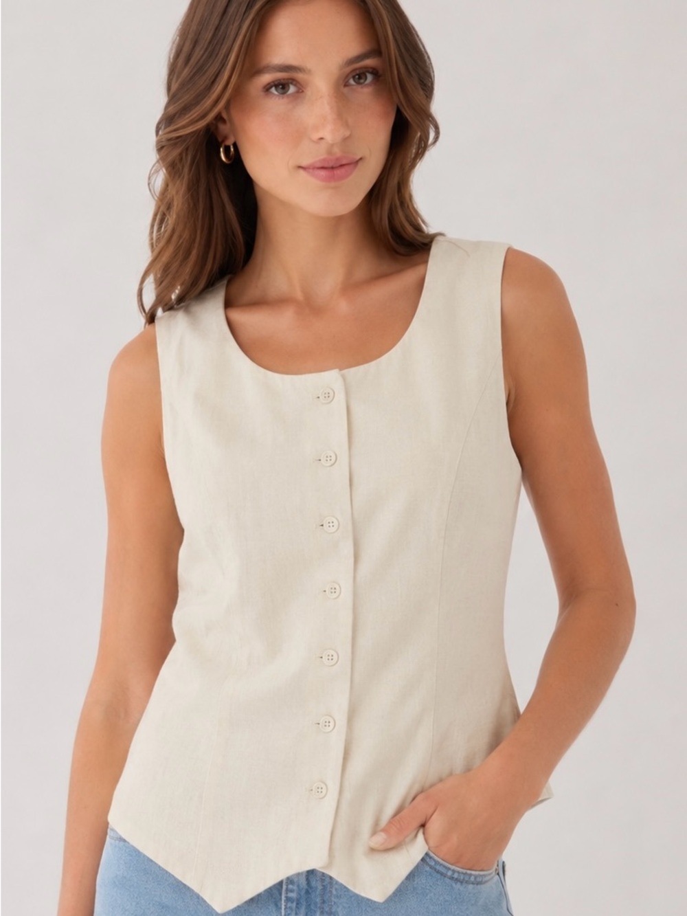 NWOT a new day Cream Sleeveless Button-Front Linen-Blend Top